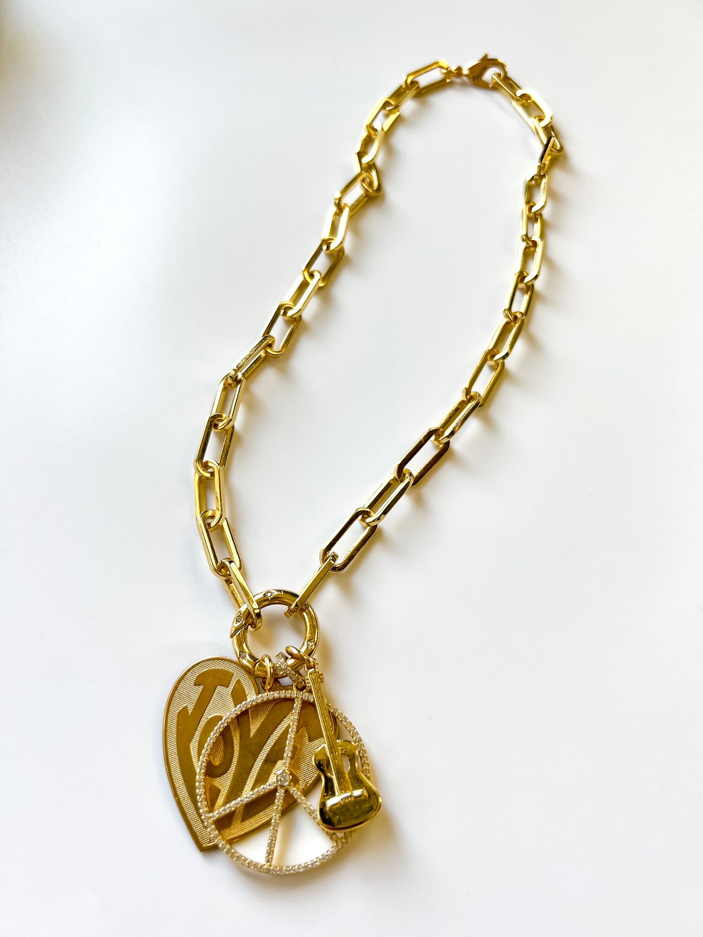 PEACE, LOVE, & ROCK N ROLL GOLD-FILLED CHARM NECKLACE